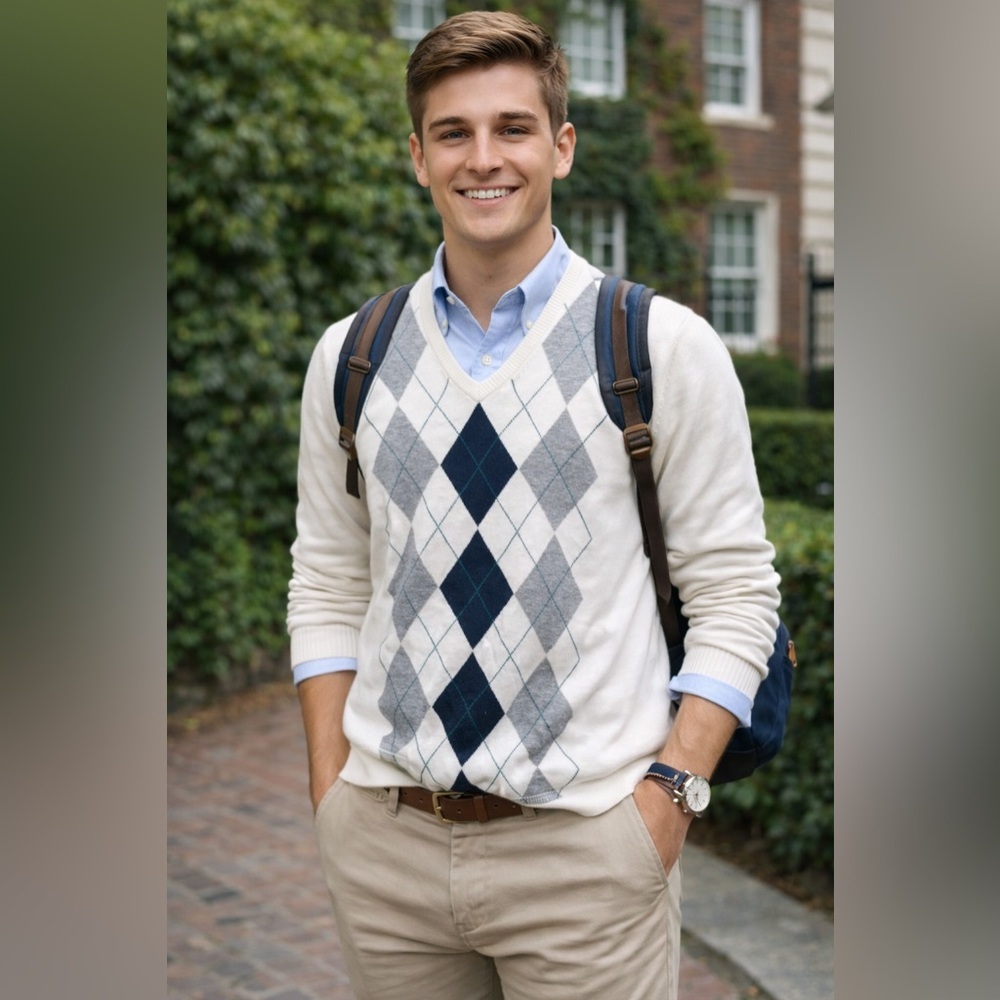 Men’s Old Navy Classic Preppy Argyle V-Neck Cotton Sweater Ivory Gray Navy XXL